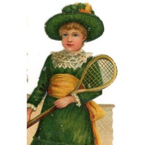 1880 Pair Victorian Die Cut Girls Playing Raquetball Sport Fancy Dress Hat Lace!